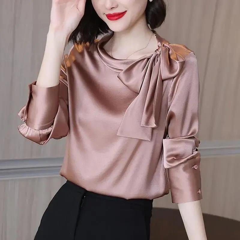 Camisa chiffon coreano estilo arco manga longa top feminino
