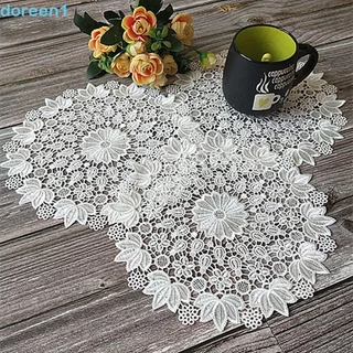 DOREEN Placemat De Crochê Redondo Branco Com Renda Bordado Em Flor