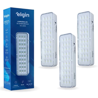 Kit 3 Unidades Luminária Emergência Luz 30 LEDs Elgin Bivolt 2w Branca Fria 6500K Bateria Lítio Recarregável Autônoma