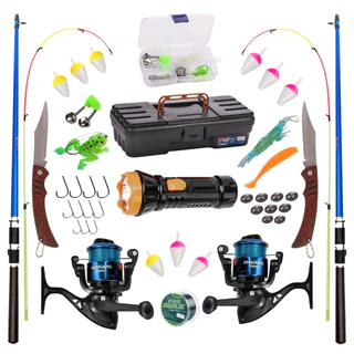 KIT DE PESCA COMPLETO 10KG C/ 2 VARAS FLEXIVEIS + 2 MOLINETES + LANTERNA + ITENS