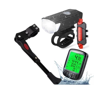 Kit Lanterna Led Farol Sinalizador Traseiro + Velocímetro Digital+ Descanso Pezinho Lateral Bike Mtb