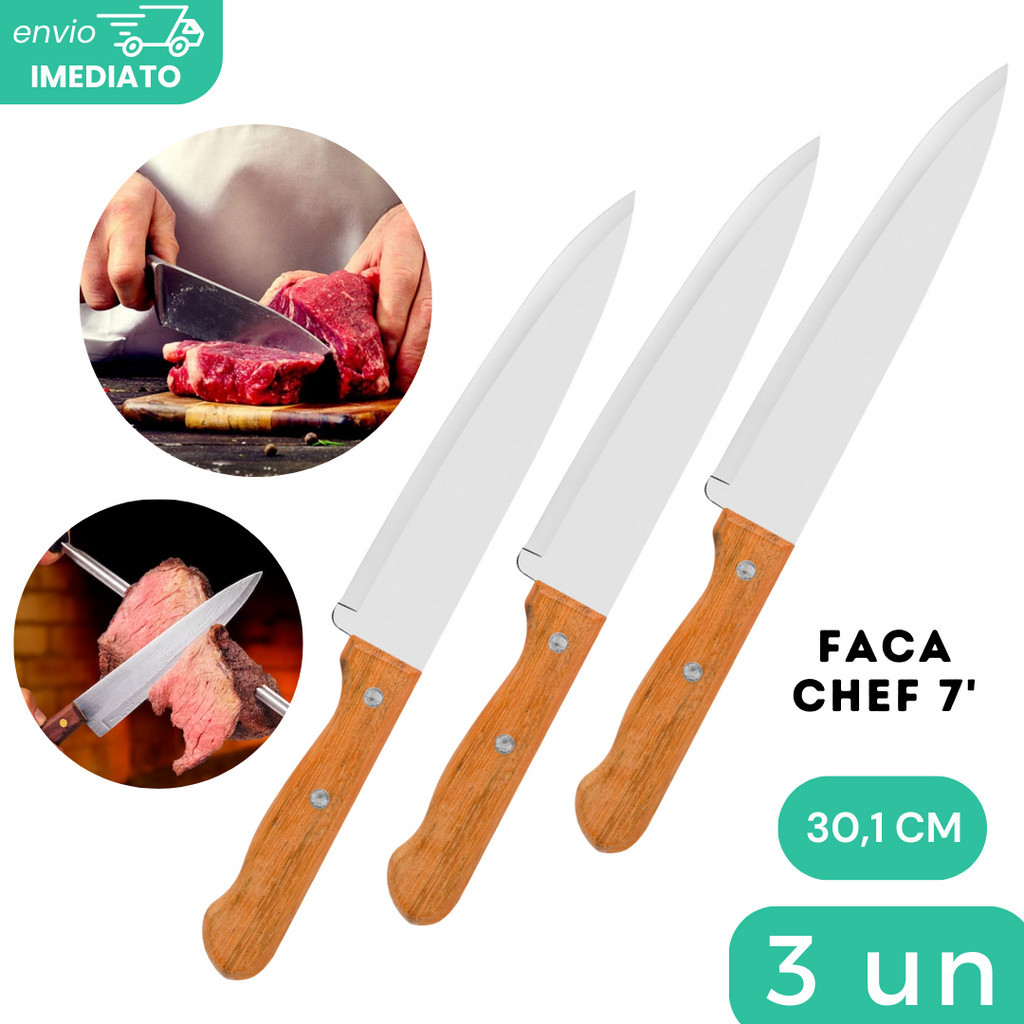Kit 03 Faca De Cozinha Inox Profissional 7 Do Chef Cabo Madeira 30,1CM ...