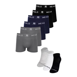 Kit 6 Cuecas Boxer e 3 Pares Meias Cano Curto Polo Wear Sortido
