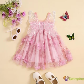 Vestido Sem Mangas Para Bebês Meninas De Verão 3D Flores Tulle A-Line Com Asas De Borboleta