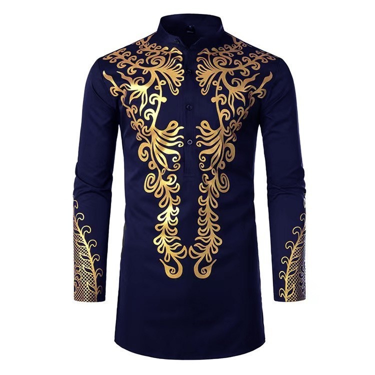 Camisa arabe kaftan dos homens ouro impresso moda muculmana casual manga longa estilo africano manto indiano Shopee Brasil