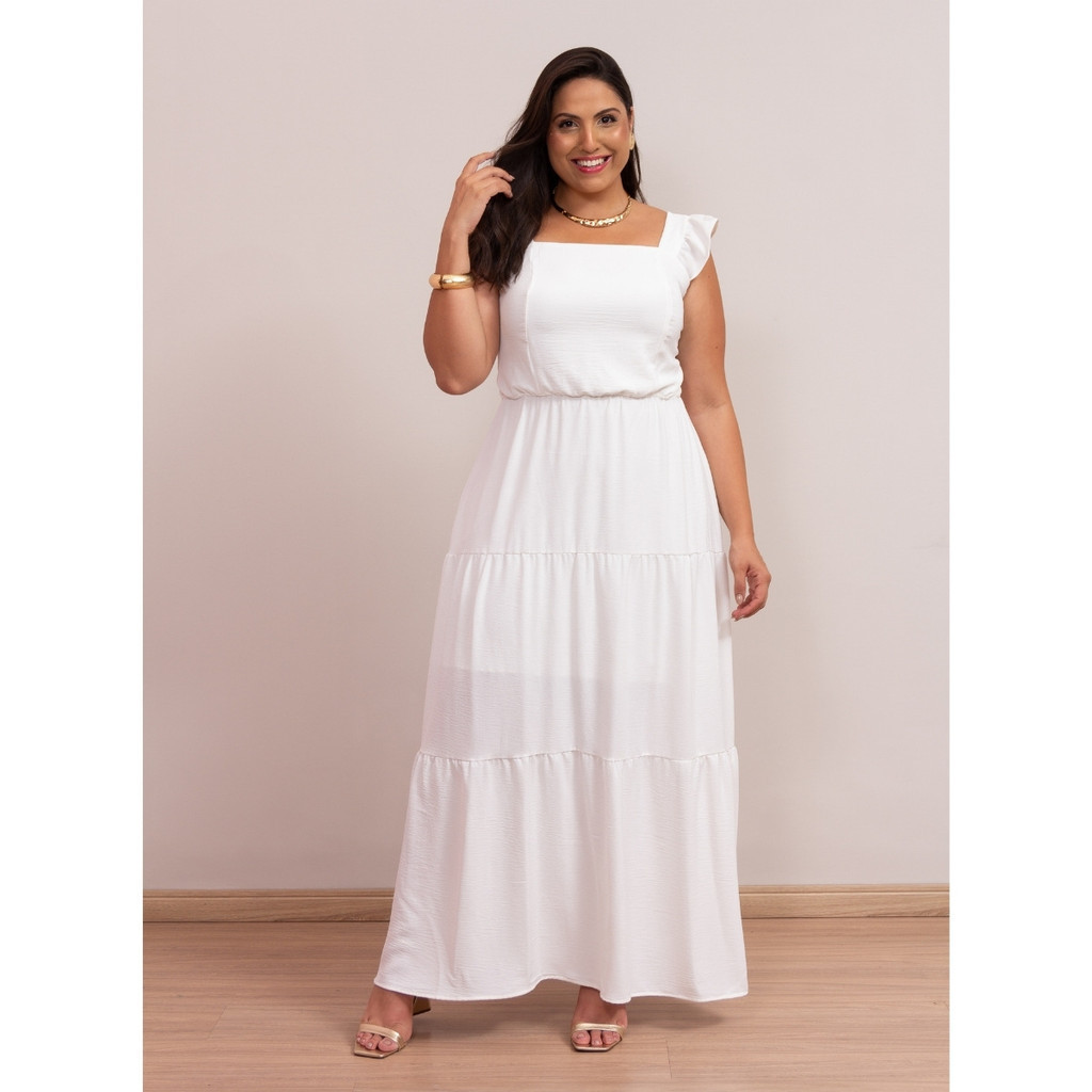 Vestido Feminino Longo Alça Larga Com Babados Plus Size Lastex Costas Crepe Duna Três Marias