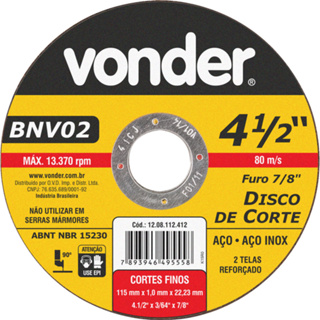 Disco de corte para metal e inox 115 x 1,0 x 22,23 mm - BNV 02 - Vonder