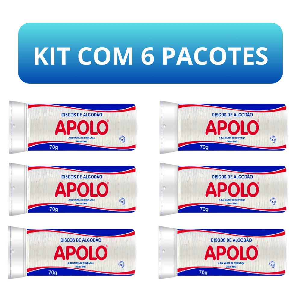 Kit 6 Algodão Disco Apolo 70g Ideal Limpeza e Cuidado Facial Maciez e grande poder de absorção