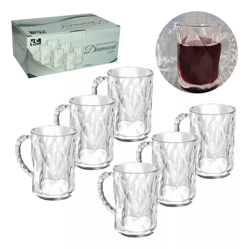 Jogo De Canecas Xicara 6 Peças Para Café Chá Diamond Clear Transparente 190ml