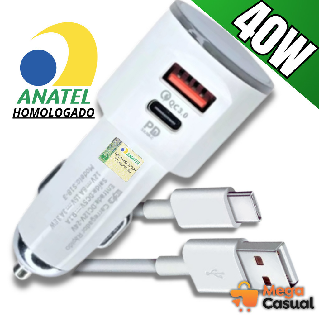 Carregador Turbo Veicular 40W carro Rápido 2 Usb com cabo Tipo C