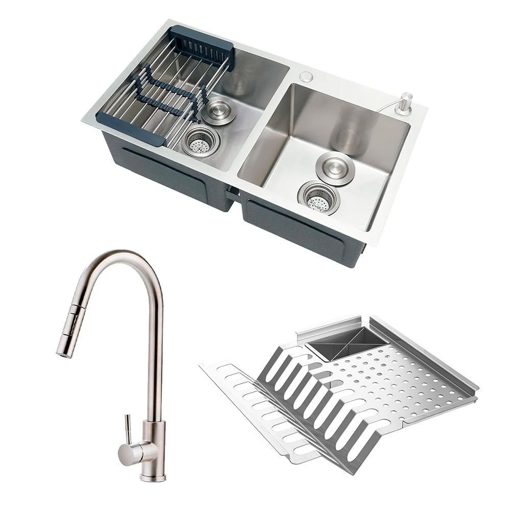Cuba para Cozinha com Escorredor Awá e Torneira Misturador Monocomando em Aço Inox Iriri Pingoo - Prata