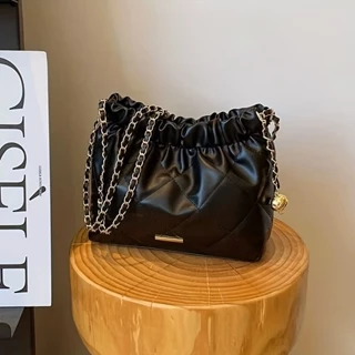 Superfície Macia Preta Saco de Grande Capacidade Saco de Ombro em Cadeia Pregueado Moda Saco Casual