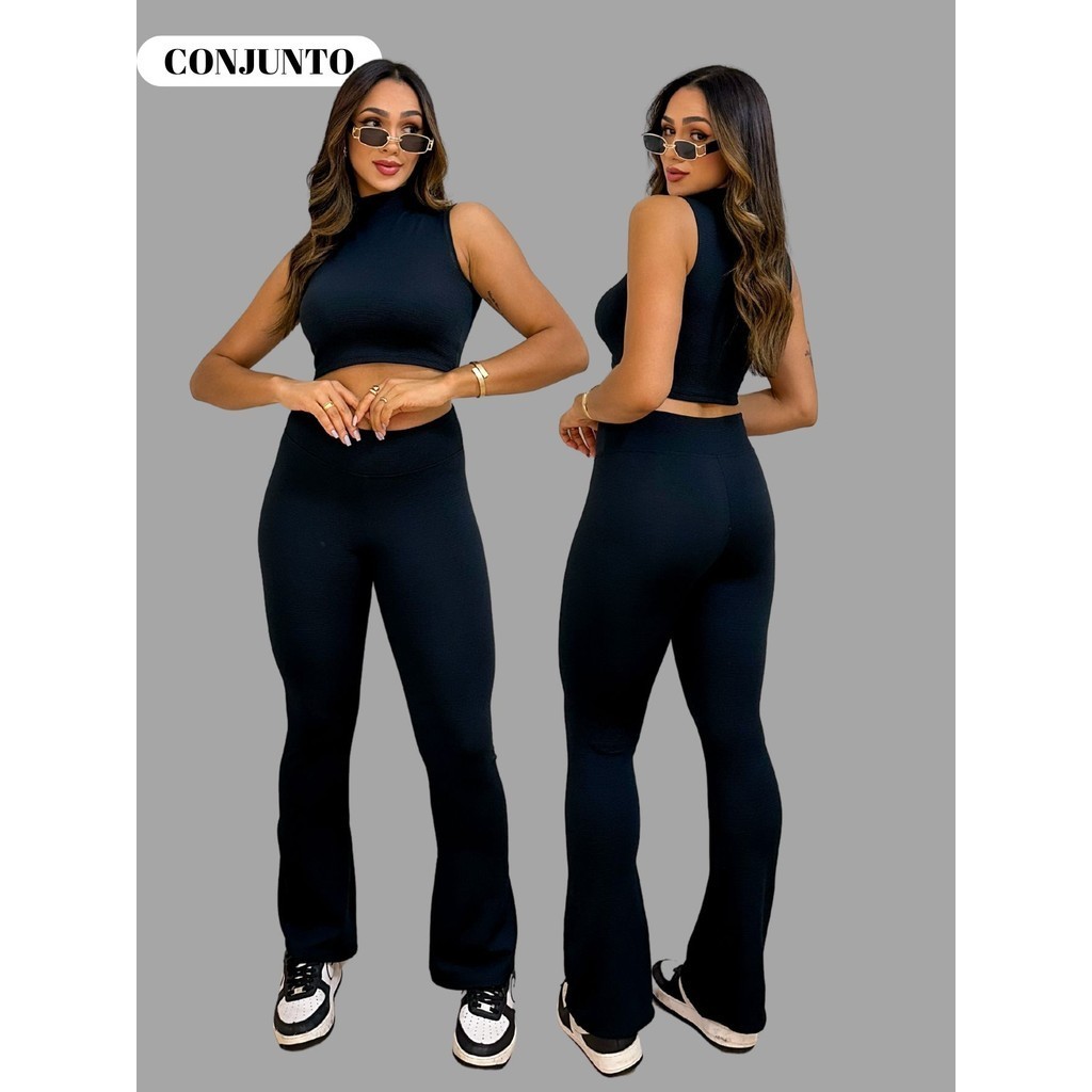 Conjunto Feminino Calça flare e Cropped Gola Alta Inverno