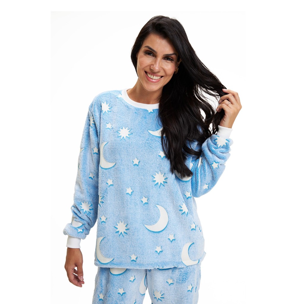 Pijama Feminino Adulto Brilha No Escuro Longo em Soft Fleece com Punho ...