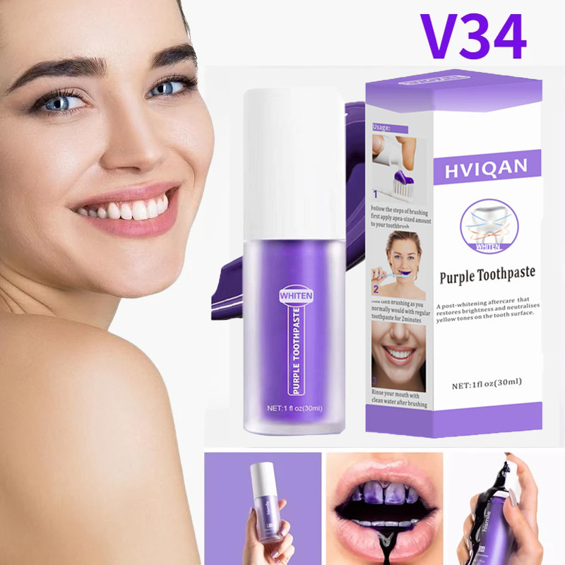 V34 30ml SMILEKIT Pasta Branqueadora Roxa Remove Manchas Reduza A Amarela Cuidado Para Gengivas Dentárias Hálito Fresco Iluminando Os Dentes