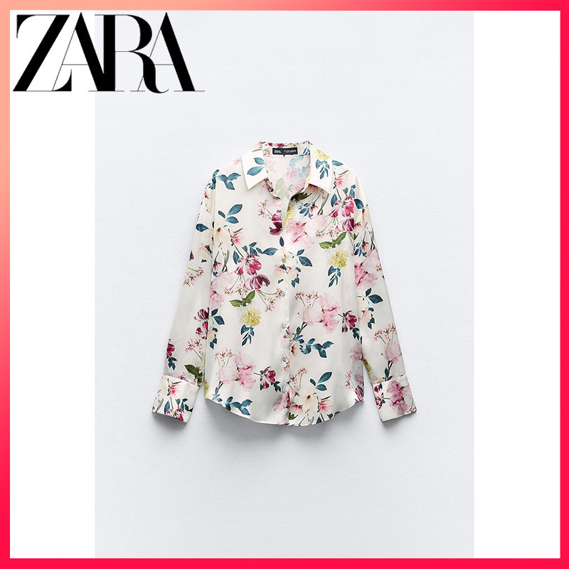 ZARA Nova Camisa Feminina Estampada Com Textura De Cetim De Seda ...