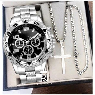 Relógio Masculino Aço inox Conjunto c/ Corrente + Pulseira e Pingente