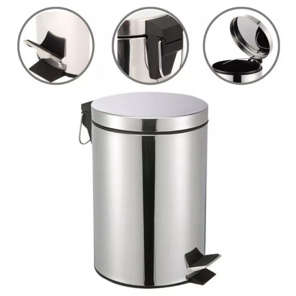 Lixeira Inox Banheiro 12 Litros Cozinha Cesto de Lixo Pedal Tampa
