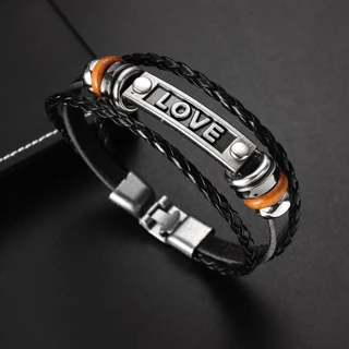Pulseira Multi-Camadas De Moda Masculina De Amor Feminino Couro Preto Malha À Mão