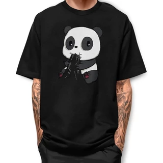 Camisa Manga Curta Panda Fofo Comendo Camiseta Puro Algodao JJ1