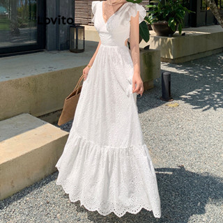 Lovito Vestido Feminino Elegante Com Babados Simples E Bordado Com Ilhós E Amarração Nas Costas LNL40099