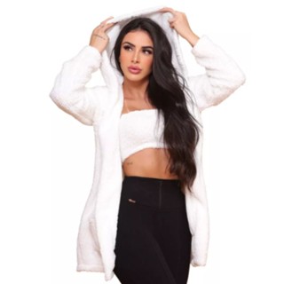 Casaco Feminino Capuz Longo Peluciado Inverno Pelinho Teddy