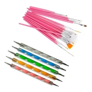 Kit 15 Pincéis + 10 Boleadores Em 5 Pincéis Manicure Desenho(Monica Fashion)