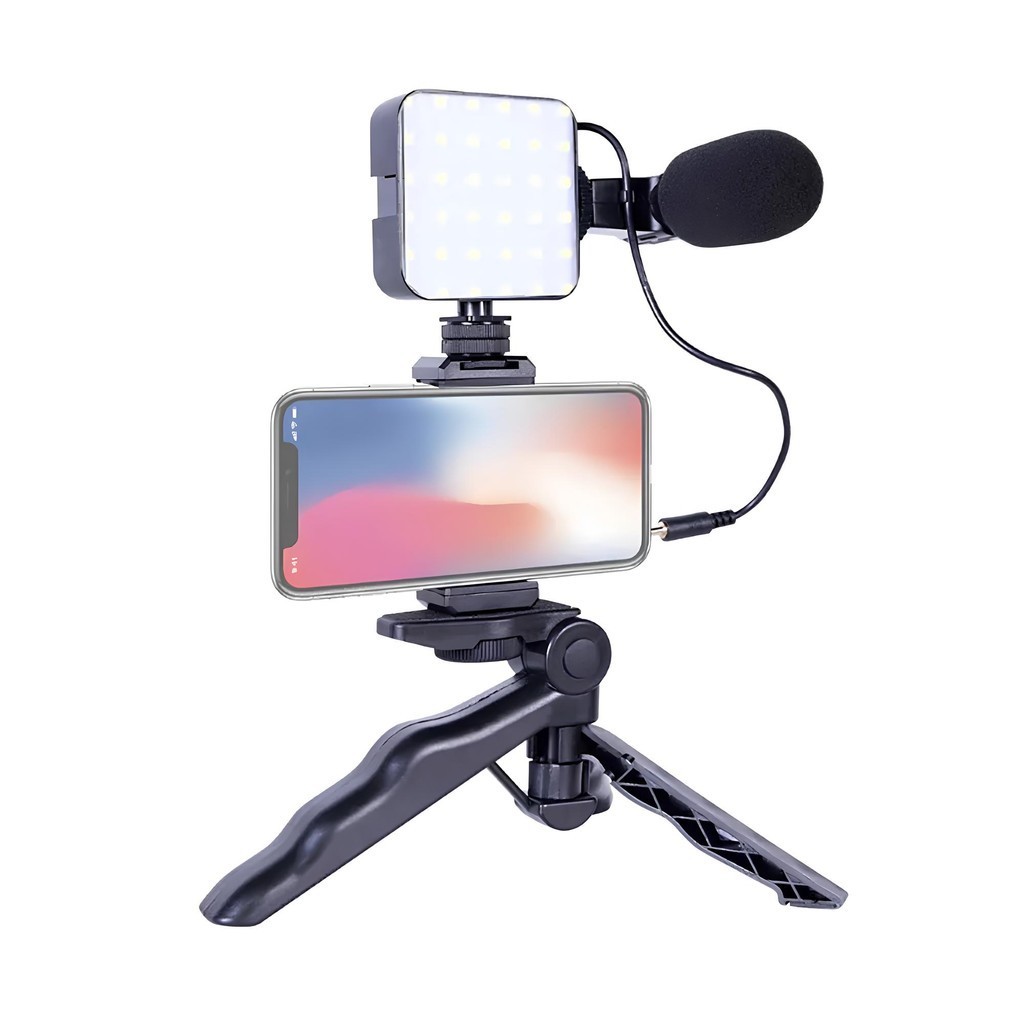 Kit Estúdio Movel Profissional Para Live TikTok Instagran Youtube Vlog Microfone Para Câmera De Celular Gravação De Vídeo Condensador Com Tripé Luz De Led Suporte Para Mesa