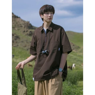 Camisa Polo Homem Manga Curta de Verão Estilo Rua de Verão Solta Estilo Montanha Camiseta Meio Zíper Estilo Homem Roupa de Vento Funcional
