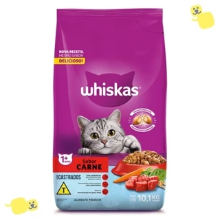 Alimento Whiskas Premium 10,1Kg Gatos Adultos Castrados 1+ Ração Sabor Carne Proteína Bruta 32% Cat
