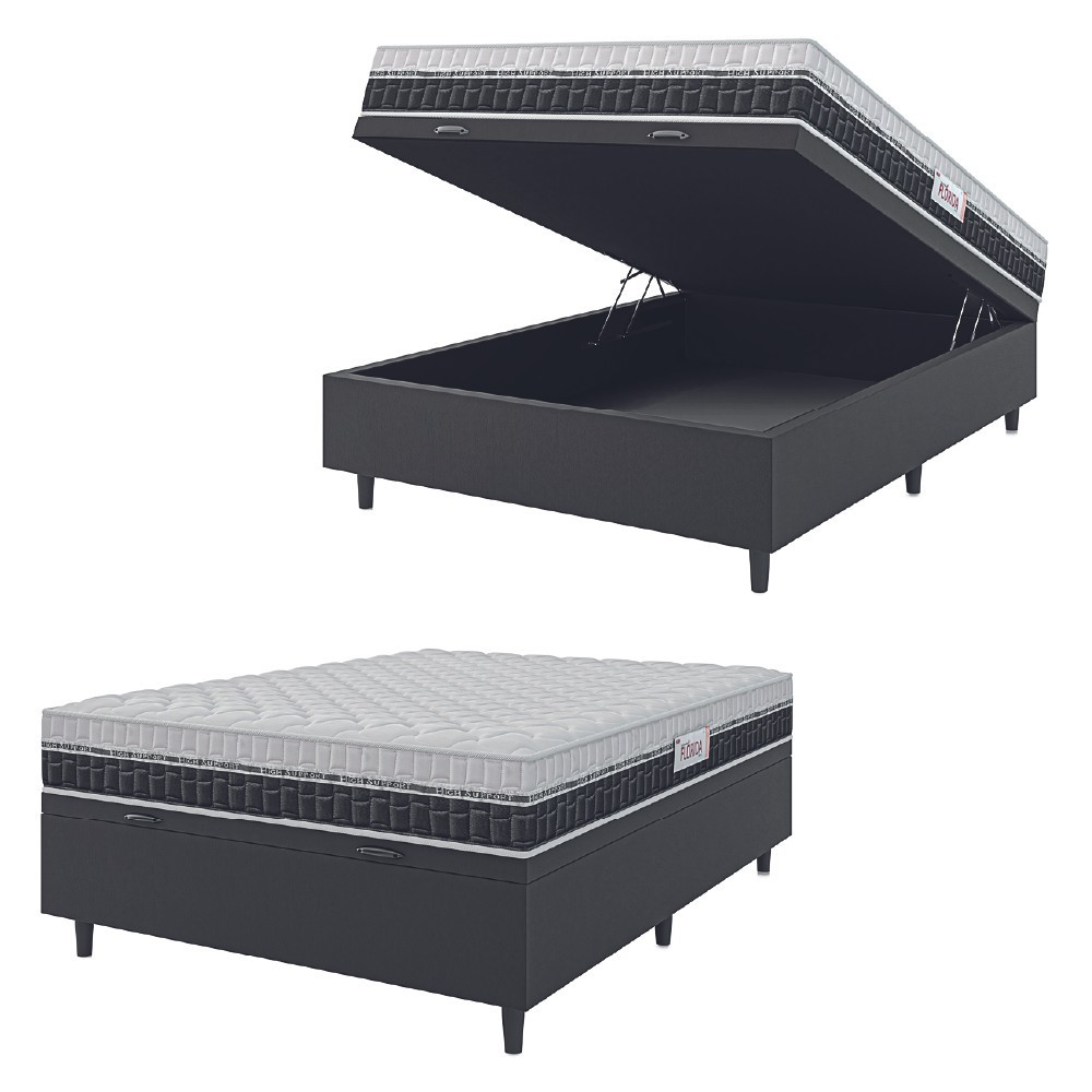 Cama Box Baú Colchão Casal Molas Ensacadas Florida 138x188x61cm Preto / Branco Hellen - Suporta até 110kg por Pessoa