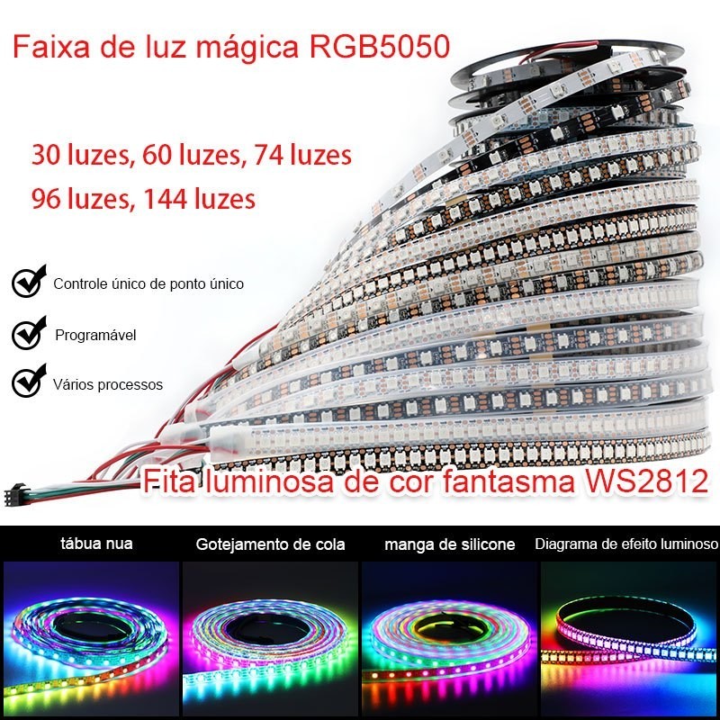 Fita Led Ws2812b,Barra De Luz De Alto Brilho 5V,Programável E Cortável,Faixa De Luz Decorativa RGB