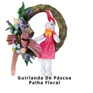 Guirlanda Palha de Páscoa com Coelha e Ornamentos