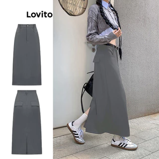 Lovito Casual Saia Feminina Lisa com Fenda Traseira e Bolso L70AD066 (Cinza)