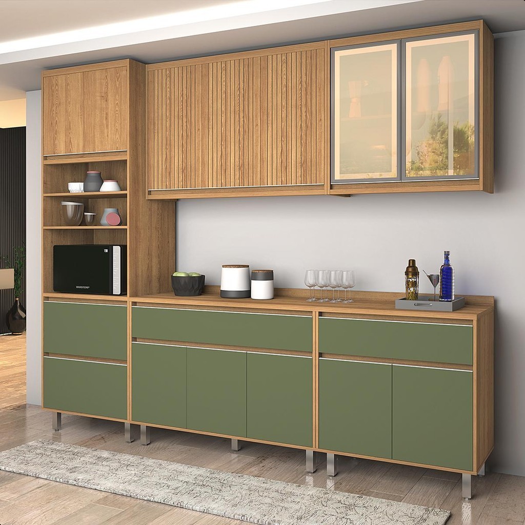 Cozinha Compacta 12 Portas 4 Gavetas Agata Freijo e Verde (Fendi ...