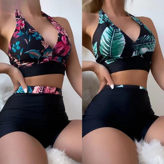 Biquíni feminino de verão com almofadas de sutiã Conjunto de biquíni de cintura alta