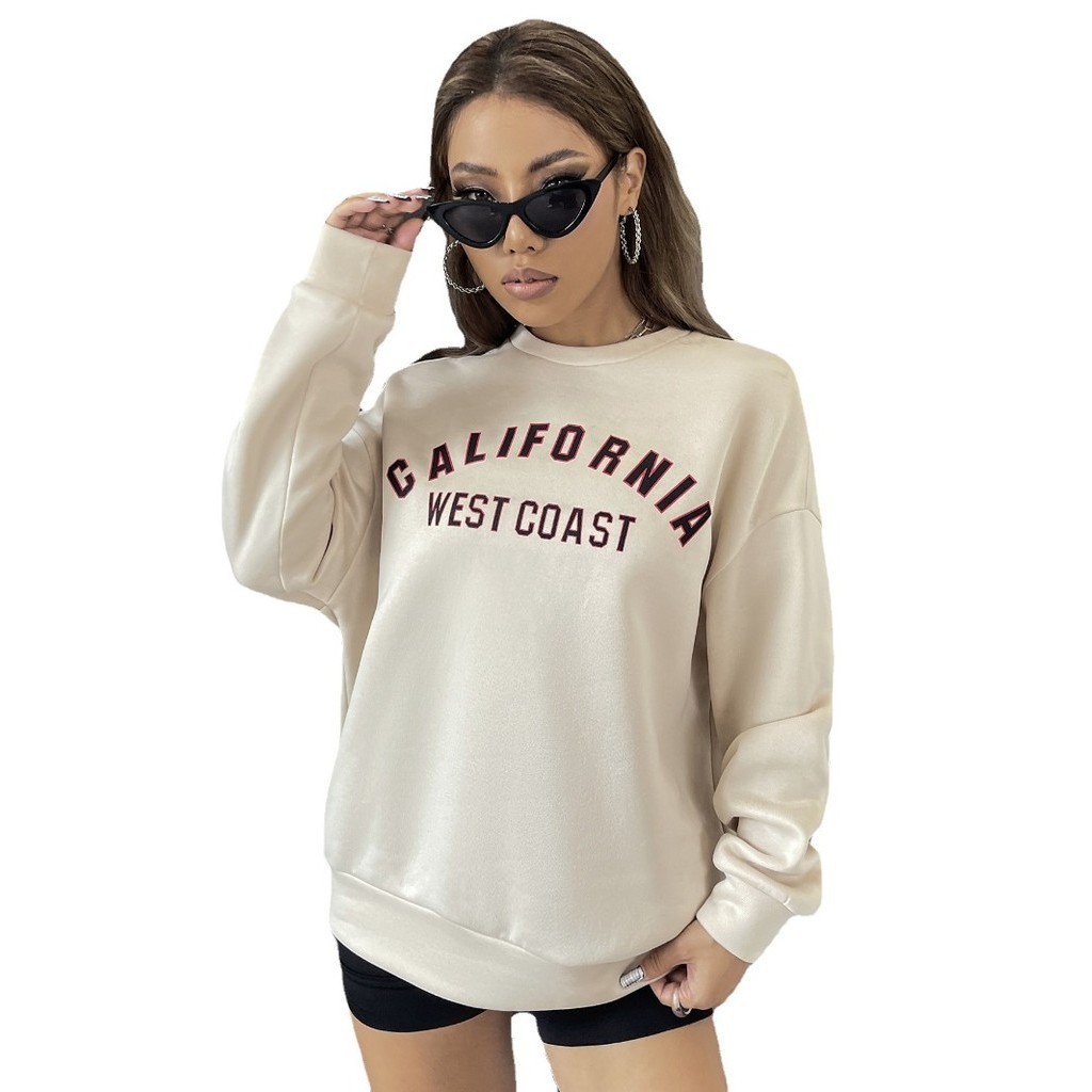 Moletom Gola Redonda Estampado Blusa de Frio Feminina Carta ocasional Suéter