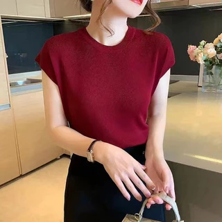 Camiseta Feminina Blusa Regata Camisole Colete Feminino Malha de Seda Gelada Estilo Curto Mulher Manga Fina 2024 Novo Estilo Temperamento Simples Manga de Cor Sólida All-Match