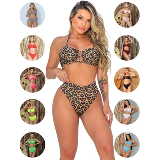 Biquini Feminino Animal Print Biquíni Hot Pants Suplex Biquíni Argola De Amarrar Biquine Cintura Alta Bikini Moda Praia