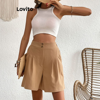 Lovito Shorts Casuais Lisos Plissados Com Botão Duplo E Bolso Para Mulheres LNE31184 (Cáqui/Preto)