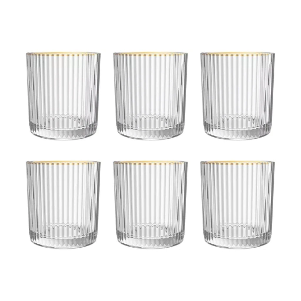 Jogo de 6 Copos de Vidro Borda Dourada Baixo Drink 320ml Canelado Graffiato Whisky Uísque Whiskey Bebida