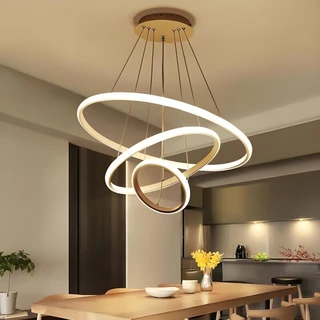 Luminária Lustre Pendente De Teto Moderno Led Orbital 3 Anéis Arcos Dourado Com Cordas Ajustáveis