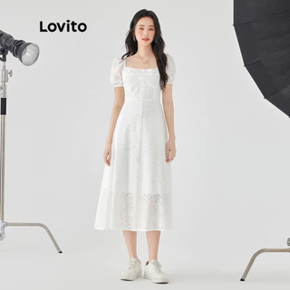 Lovito Casual Vestido Feminino Liso com Zíper Ilhó Bordado Forro e Botão Enfeitado L49AD064 (Branco)