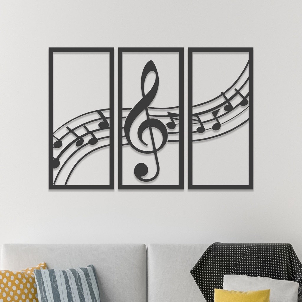 Quadro Decorativo Notas Musicais Trio de Painéis MDF 3mm Preto Fosco