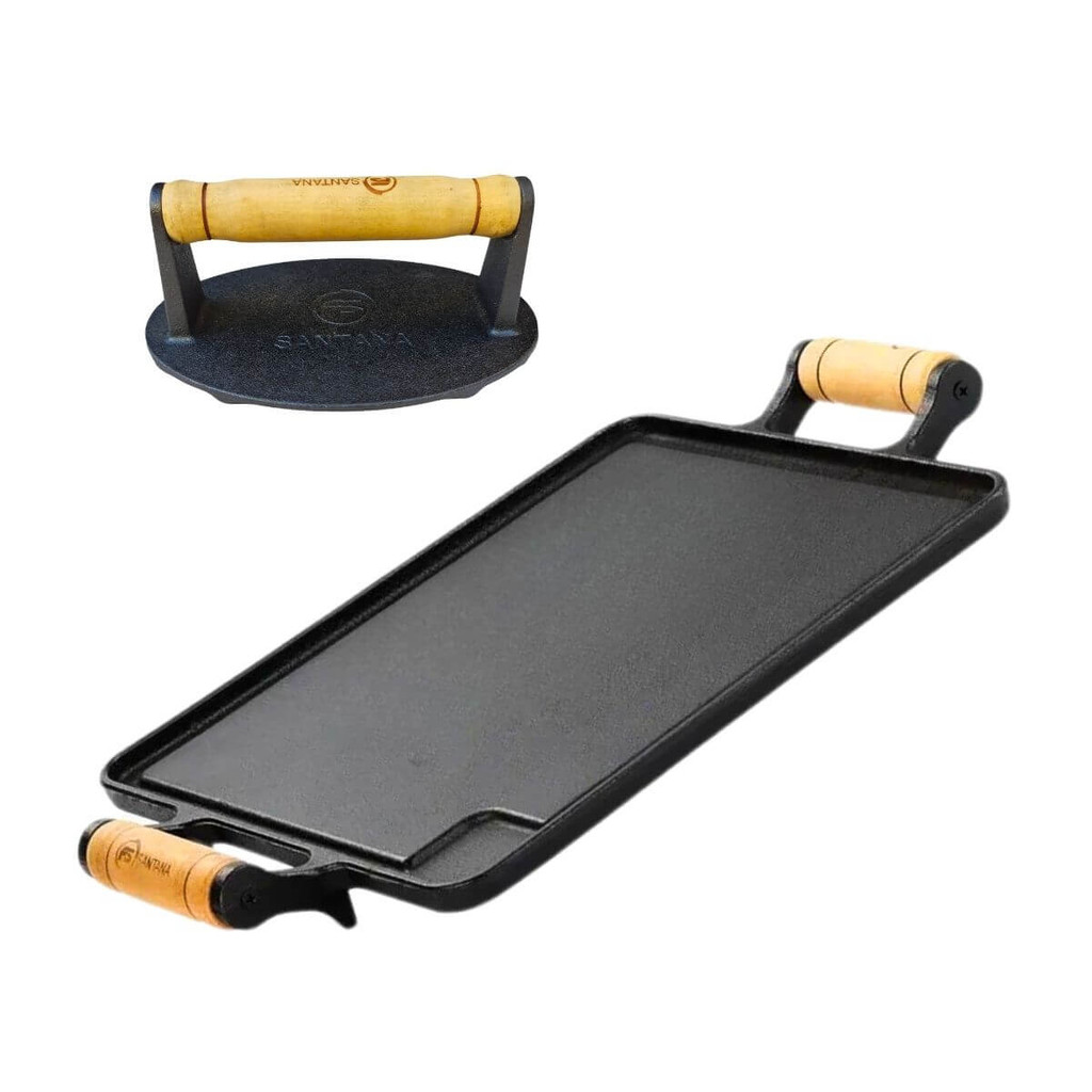 Chapa E Prensador Bifeteira De Ferro Fundido Bife Lisa Com A