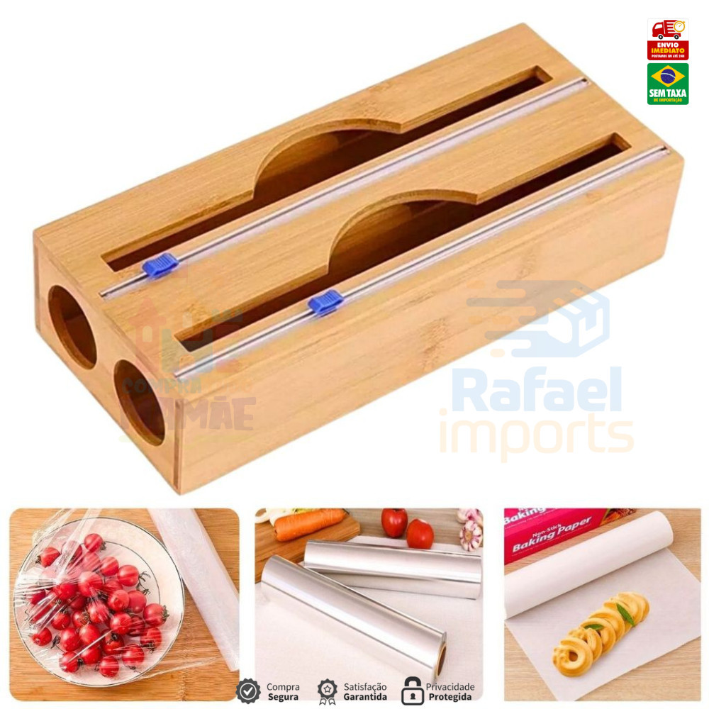Porta Rolo Duplo Organizador Bambu Papel Aluminio Filme PVC Cortador ...