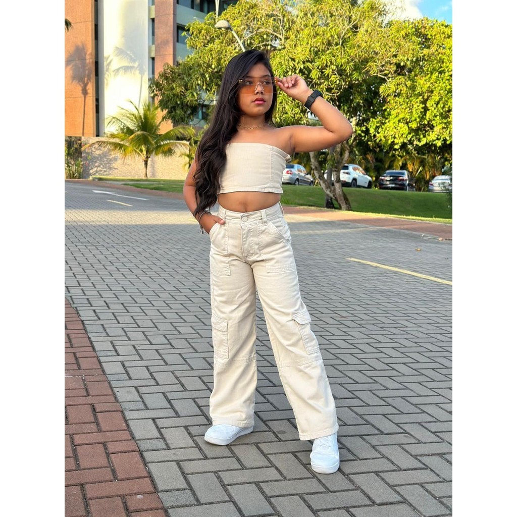 Conjunto Calça cargo e cropped Tomara que cai Shopee Brasil