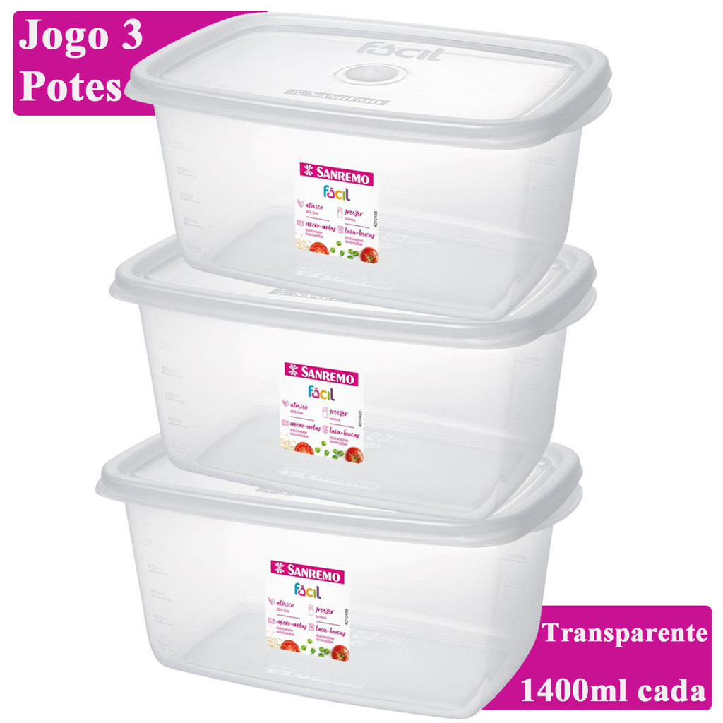 Jogo 3 Pote Grande Guardar Congelar Alimentos 1400ml Plástico Vai Freezer Microondas