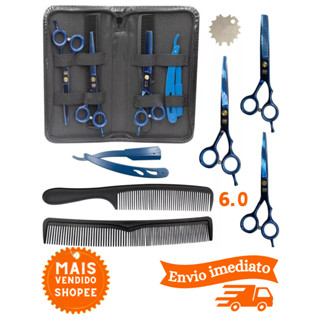 Kit Tesouras Barbeiro Profissional Azul
