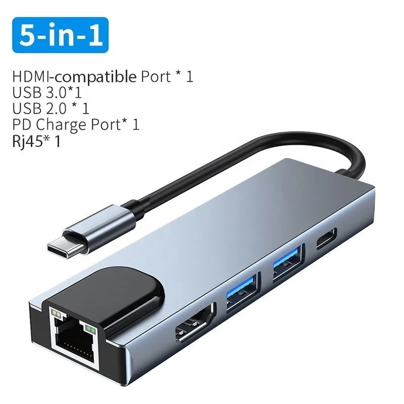 Adaptador Hub Tipo-c 5 In 1 Hdmi, 2x Usb, Lan E Type-c